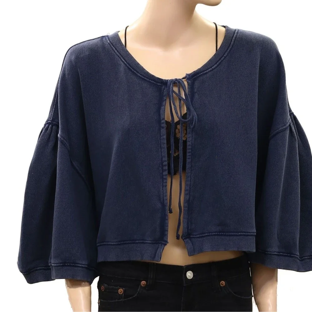 Free People Cape Me Cozy Cardi Blouse Top Cropped Crew Neck Cotton Boxy L 289850